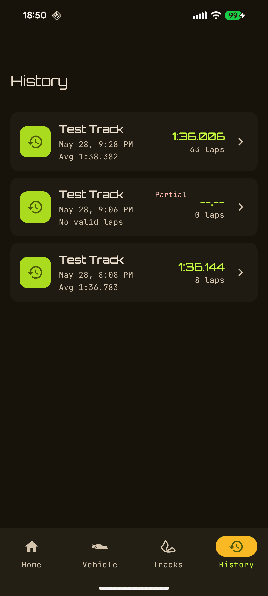 TracQi TrackStar history screen