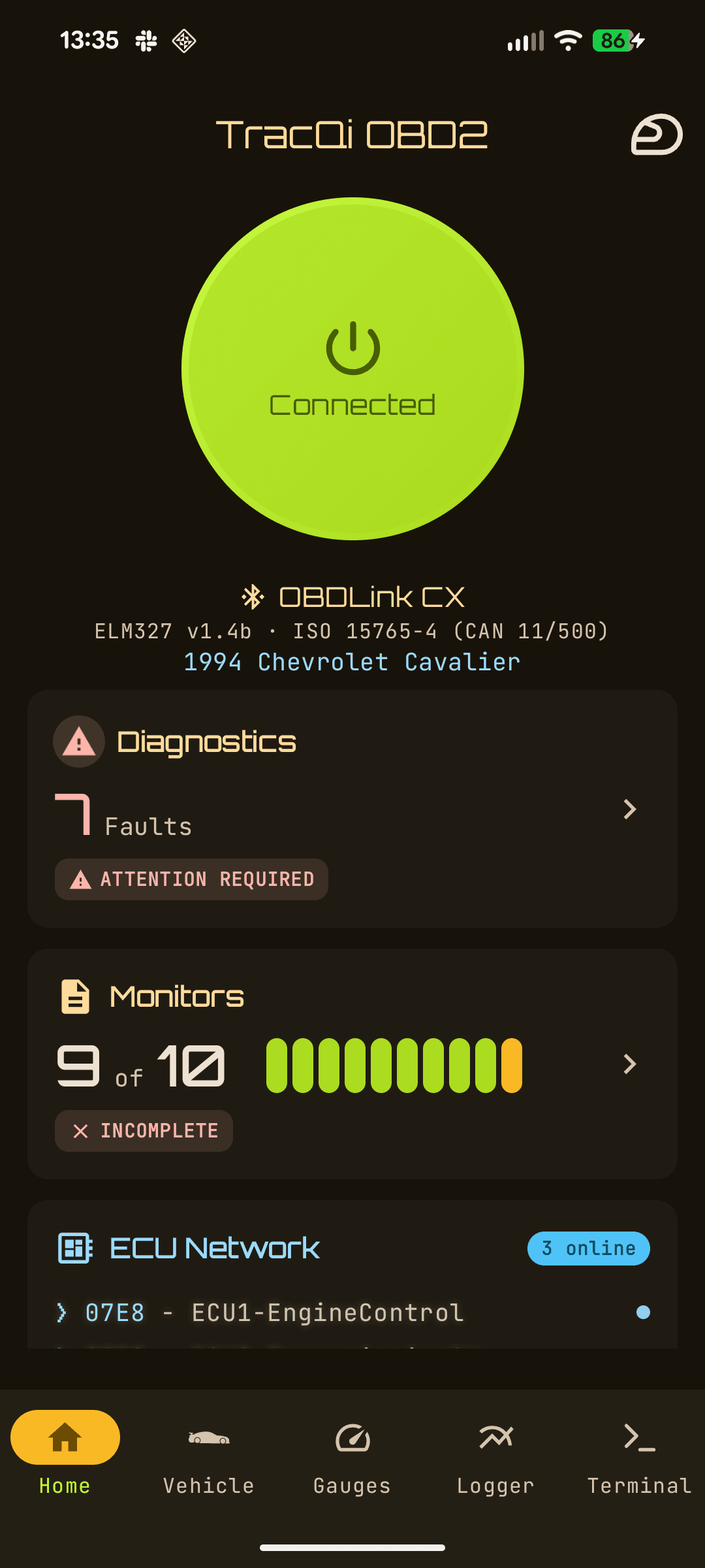 TracQi OBD2 home dashboard